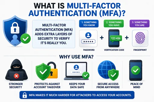 Illustration showing multi-factor authentication with password, verification code, and biometric factors used to secure account access. 