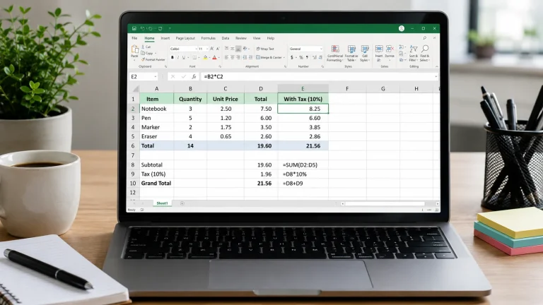 Laptop displaying a Microsoft Excel spreadsheet in a modern office workspace for a blog about what Microsoft Excel is used for.
