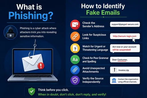 Illustration showing phishing attack with a hooked email and tips to identify fake emails such as suspicious links, sender addresses, and urgent messages. 