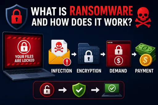 Illustration showing ransomware process with a locked computer, infection via email, file encryption, ransom demand, and payment steps. 