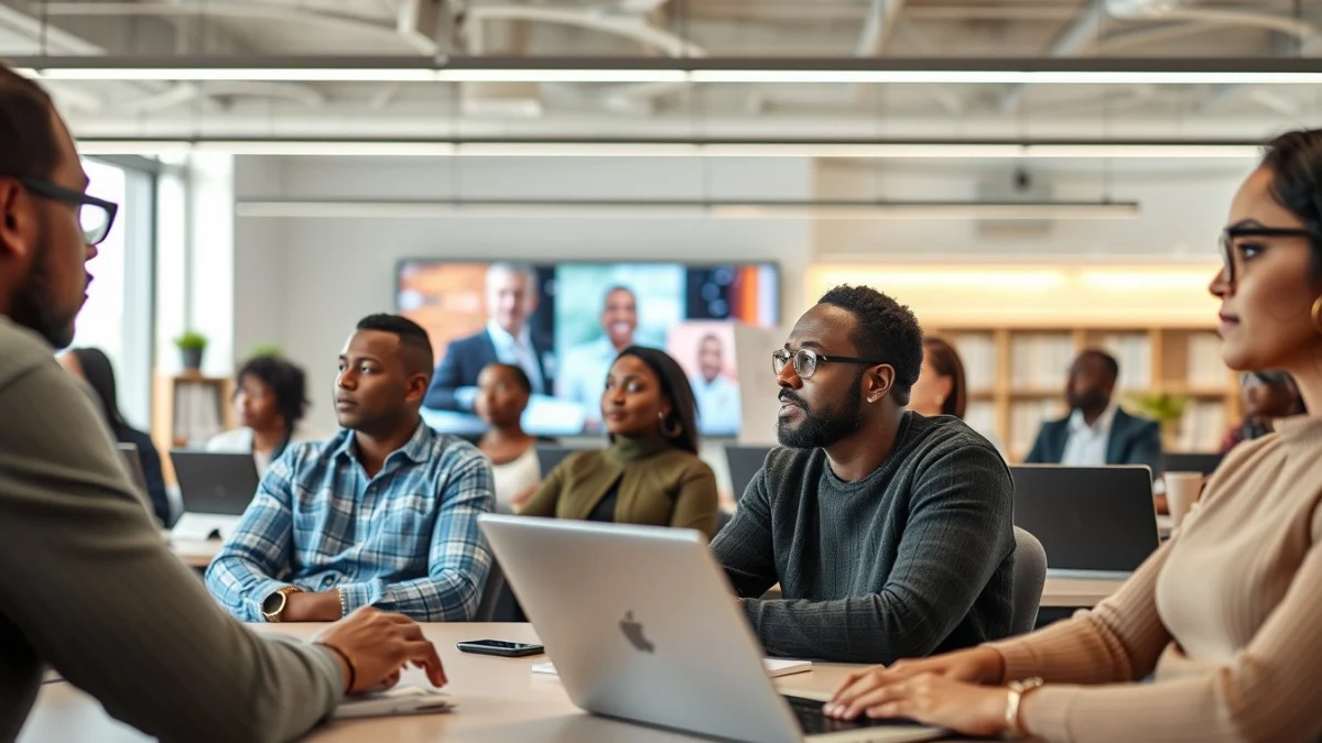 Person learning artificial intelligence skills on a laptop in a modern workspace