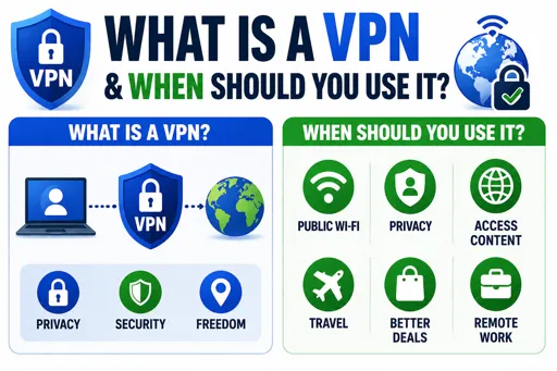 Illustration showing VPN usage with a secure connection between a device and the internet, highlighting privacy, security, and safe browsing scenarios. 