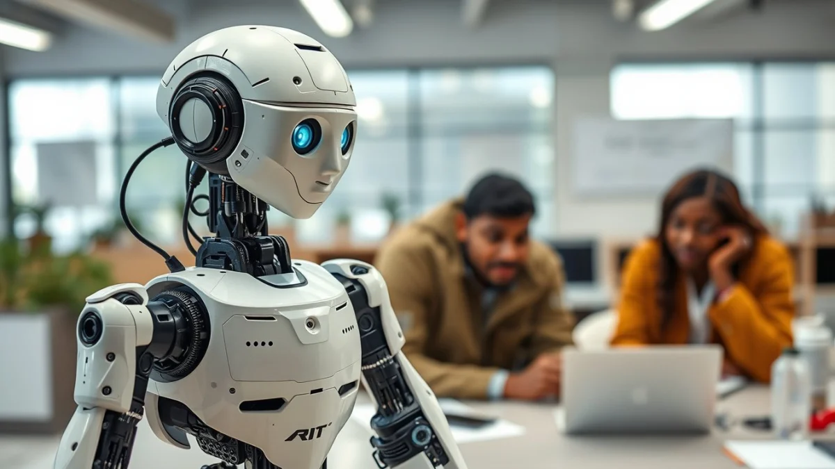 Person learning artificial intelligence skills on a laptop in a modern workspace