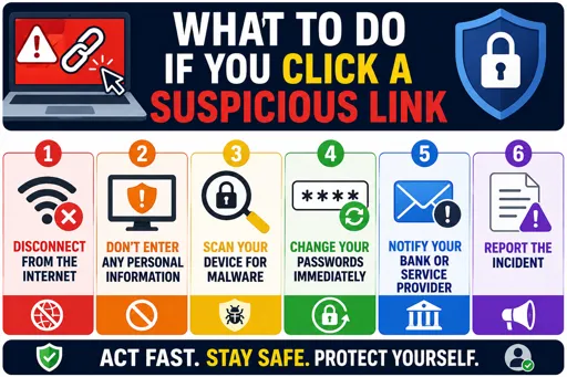 Infographic showing steps to take after clicking a suspicious link, including disconnecting, scanning for malware, changing passwords, and reporting the incident. 