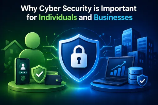 Illustration showing cyber security importance with a central shield and lock, separating protection for individuals (personal devices and identity) and businesses (data, systems, and growth).
